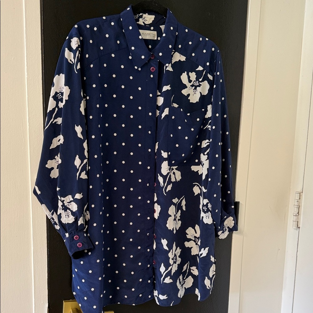 vintage navy blue long-sleeve blouse, white polka dot &  large floral prints